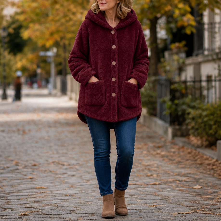 Cozyvale burgundy hooded winter jacket with button front and two patch pockets
