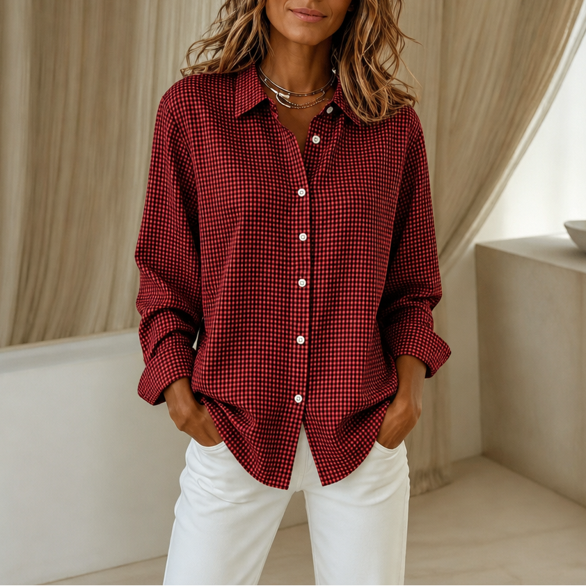 Women's red and black check relaxed-fit button-down shirt with long sleeves.