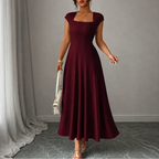 Square-neck A-line midi dress with sculpted waist, short sleeves, burgundy