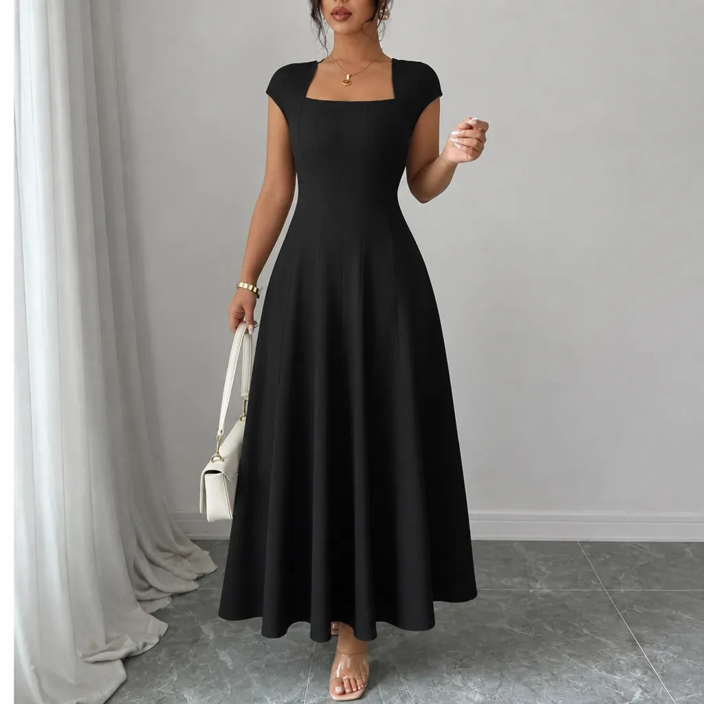 Square-neck A-line midi dress with sculpted waist, short sleeves, black