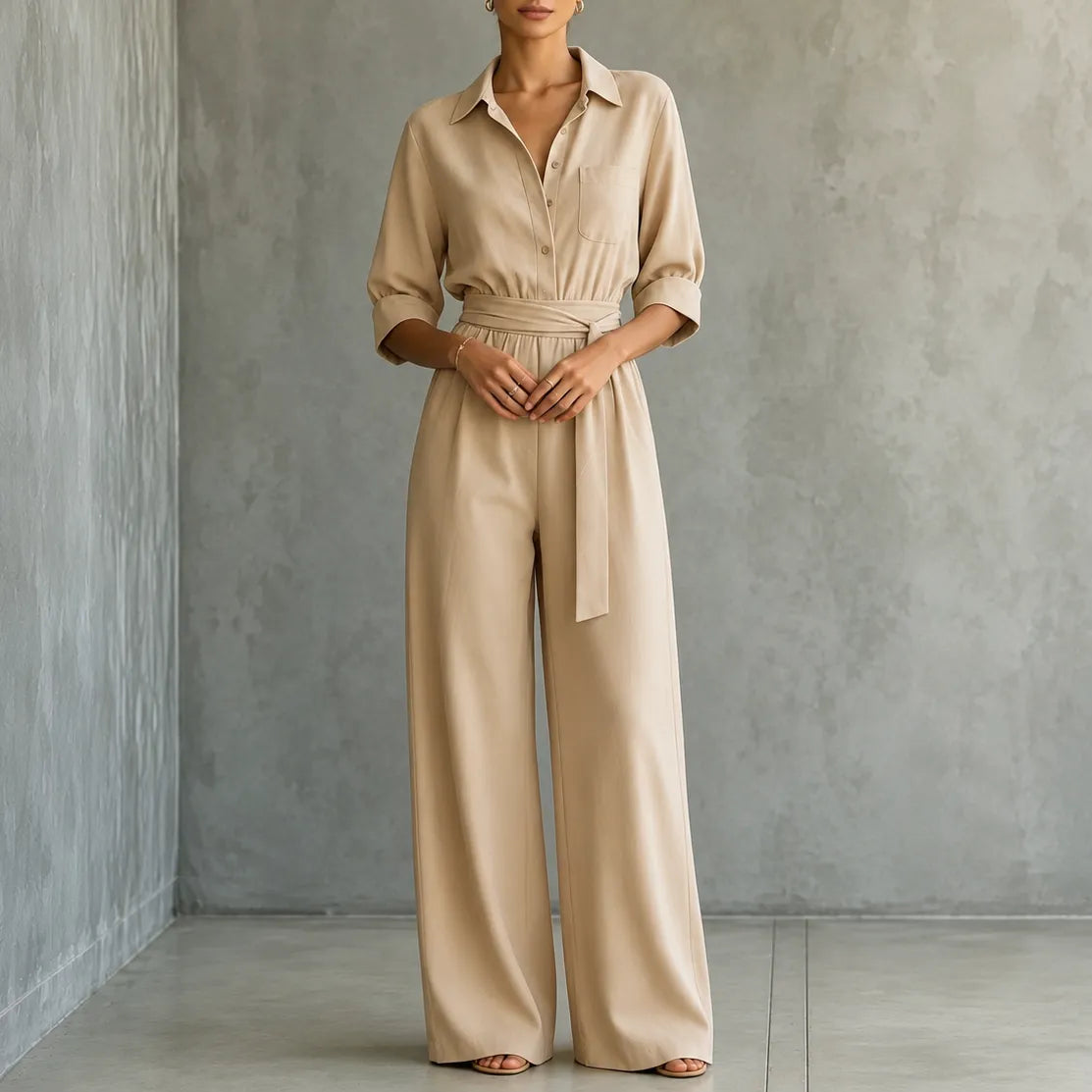 Beige belted shirt jumpsuit with button front and wide-leg pants