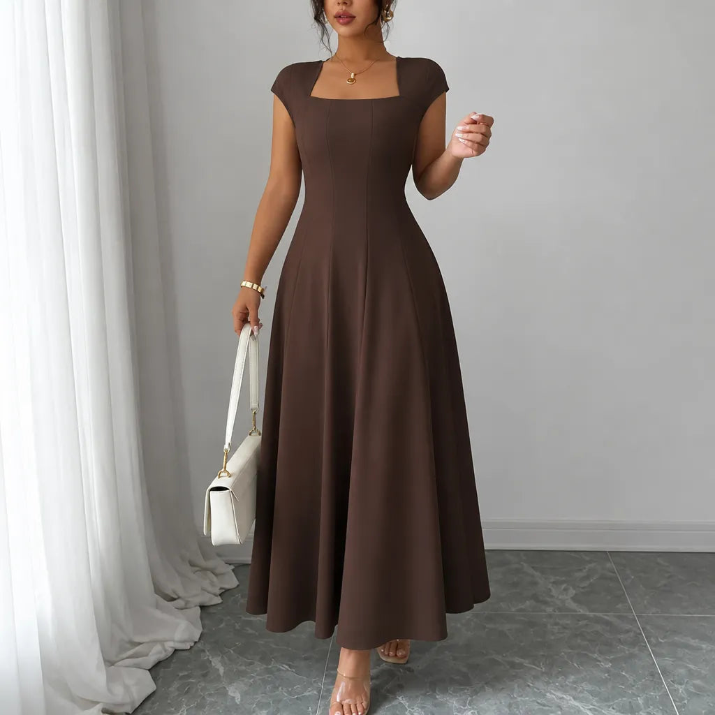 Square-neck A-line midi dress with sculpted waist, short sleeves, chocolate brown