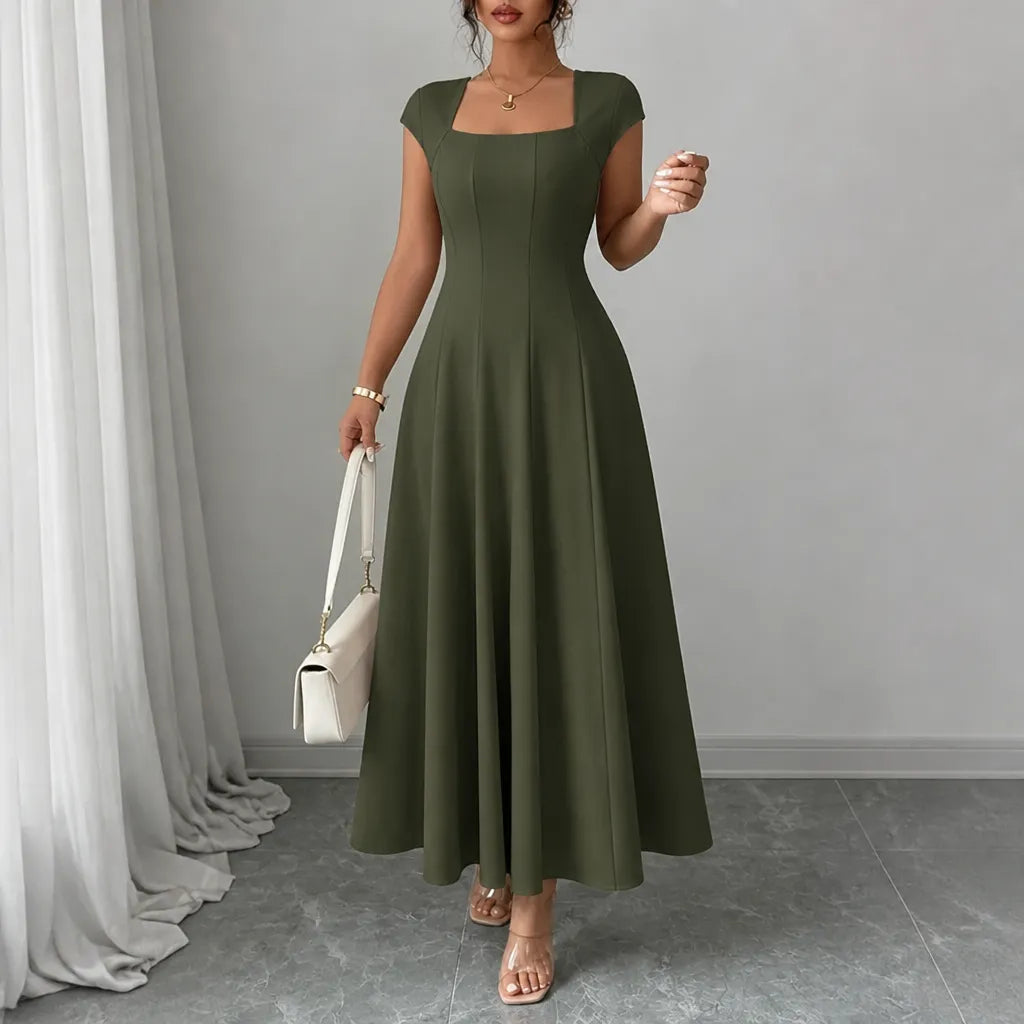 Olive green square-neck A-line midi dress with sculpted waist and short sleeves