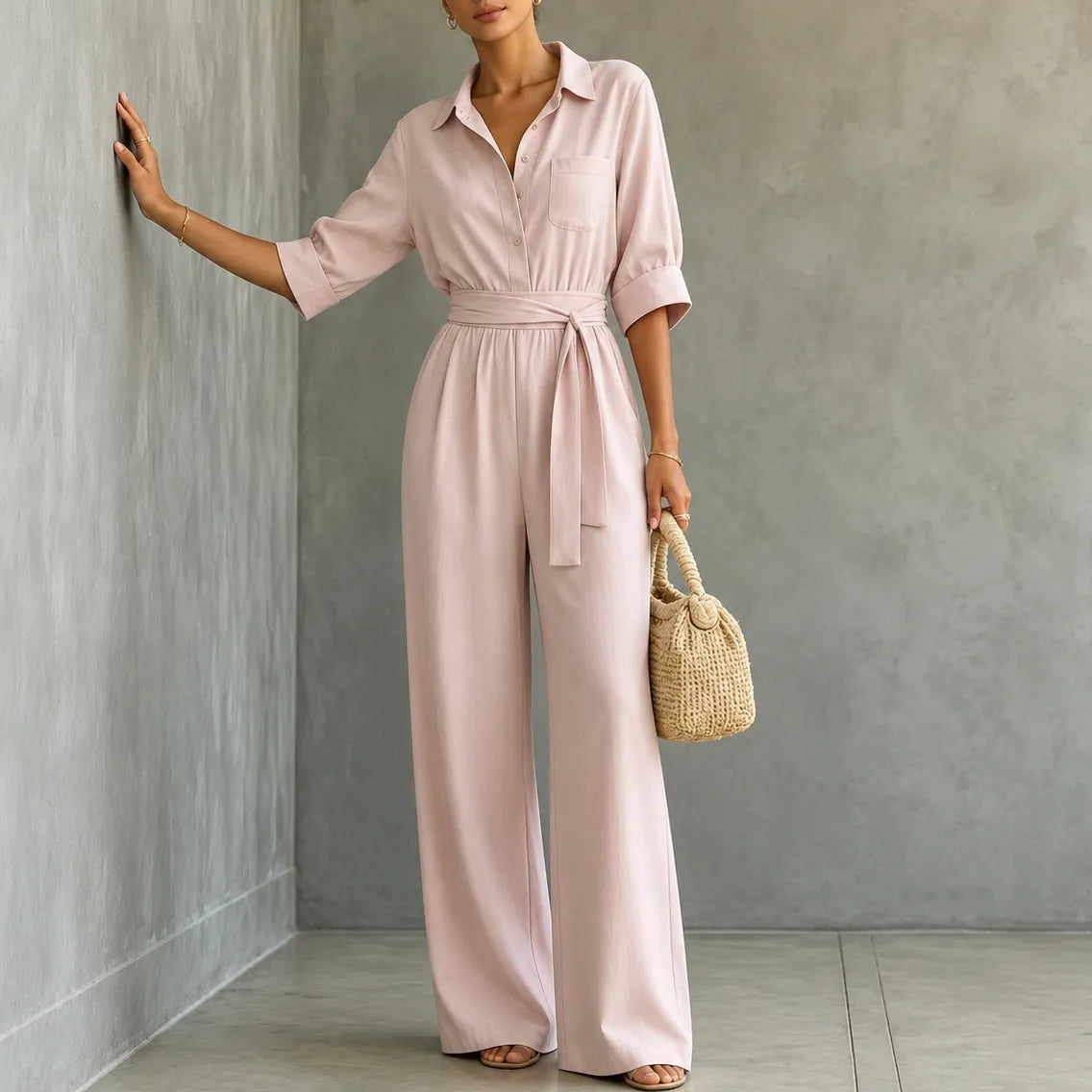 Blush belted shirt jumpsuit with short sleeves, button front, wide legs