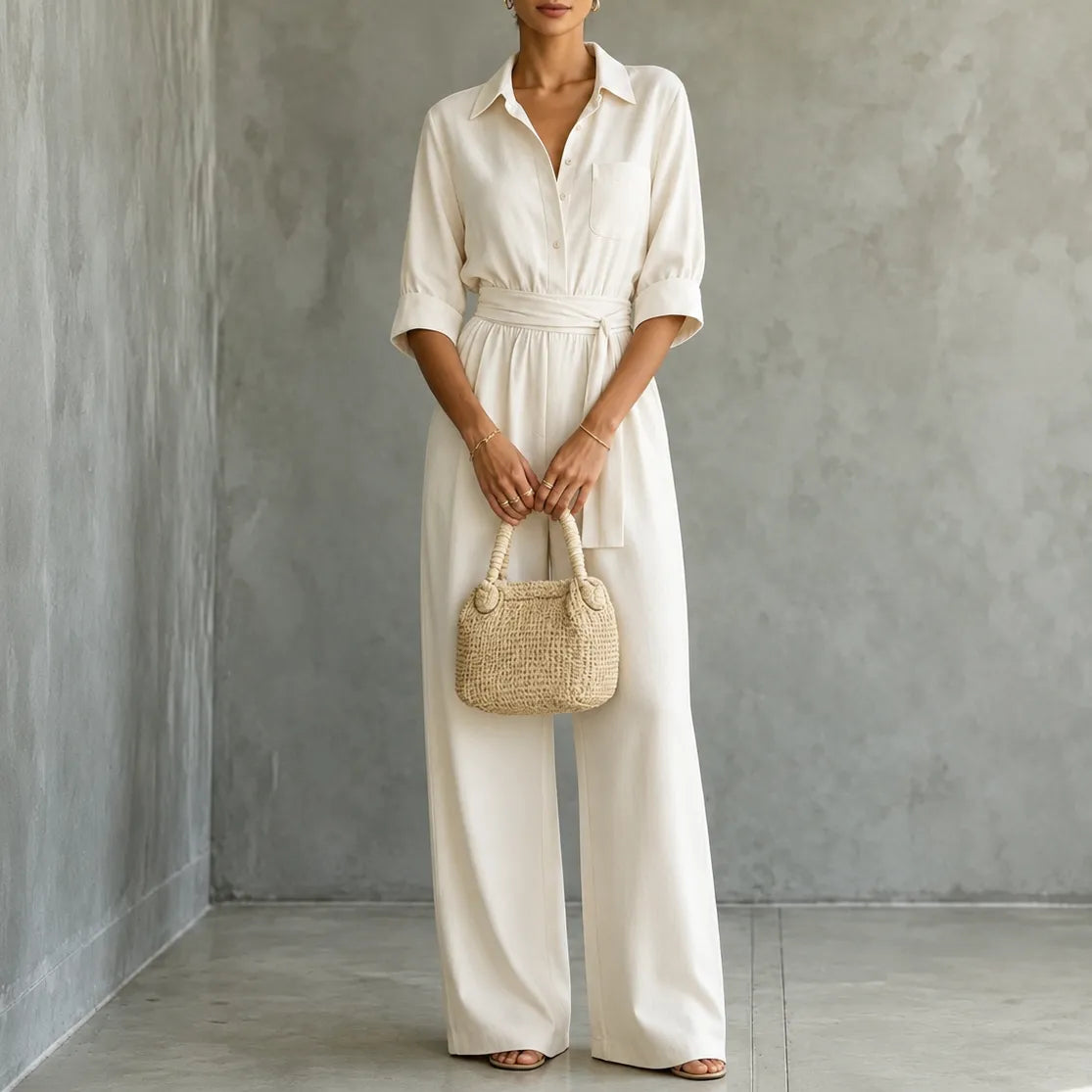 Ivory belted shirt jumpsuit with button front and wide-leg pants