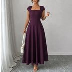 Square-neck A-line midi dress with sculpted waist, short sleeves, dark purple