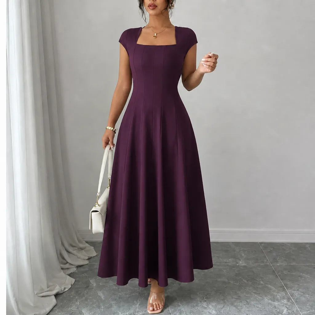 Square-neck A-line midi dress with sculpted waist, short sleeves, dark purple