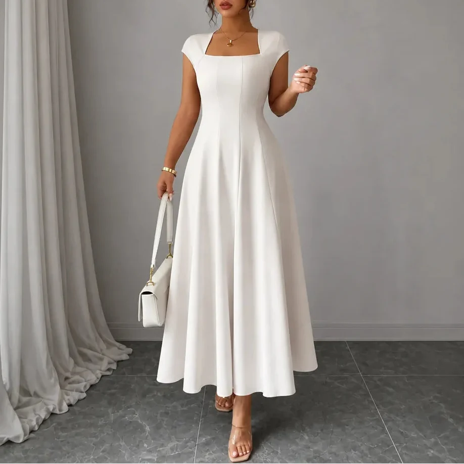 Ivory square-neck A-line midi dress with sculpted waist and short sleeves