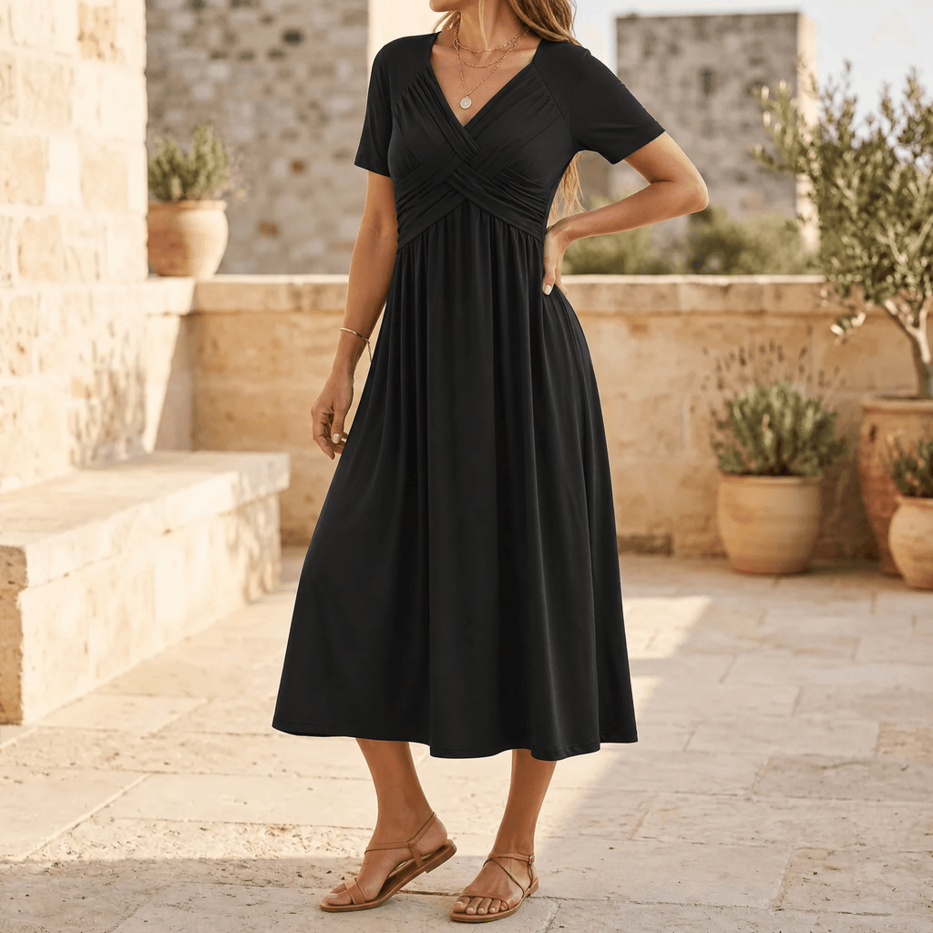 Black crossover V-neck midi dress with empire waist and short sleeves, A-line flare