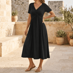 Black crossover V-neck midi dress with empire waist and short sleeves, A-line flare