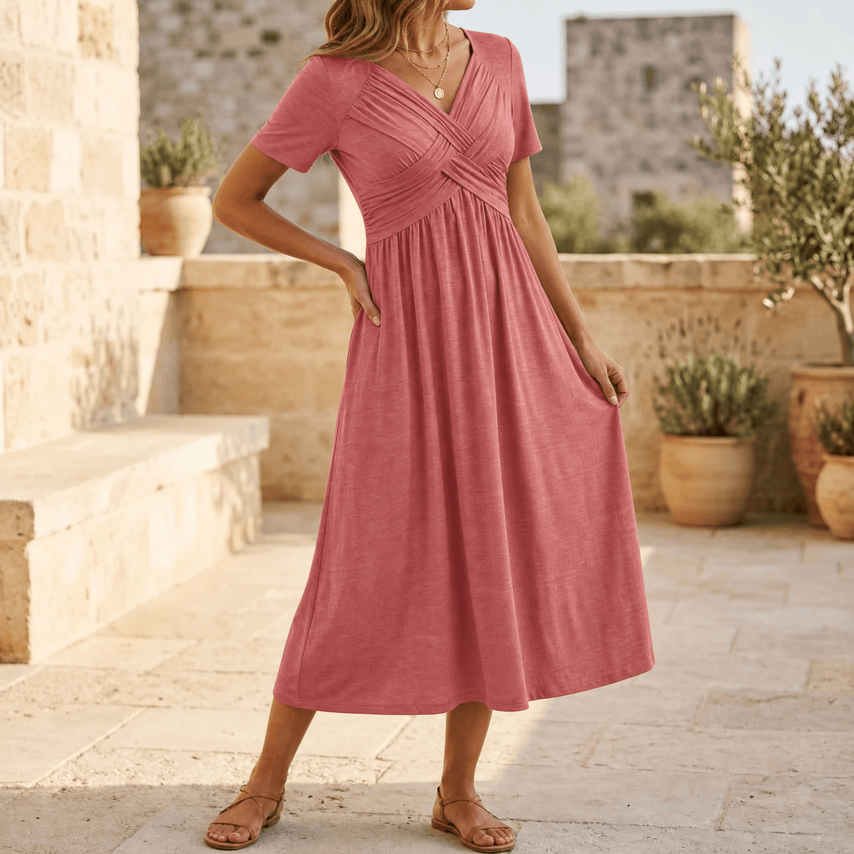 Veluna – Crossover V-Neck Midi Dress with Pockets Heather Grey