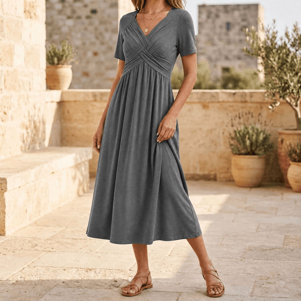 Heather grey crossover V-neck midi dress with empire waist and short sleeves, A-line