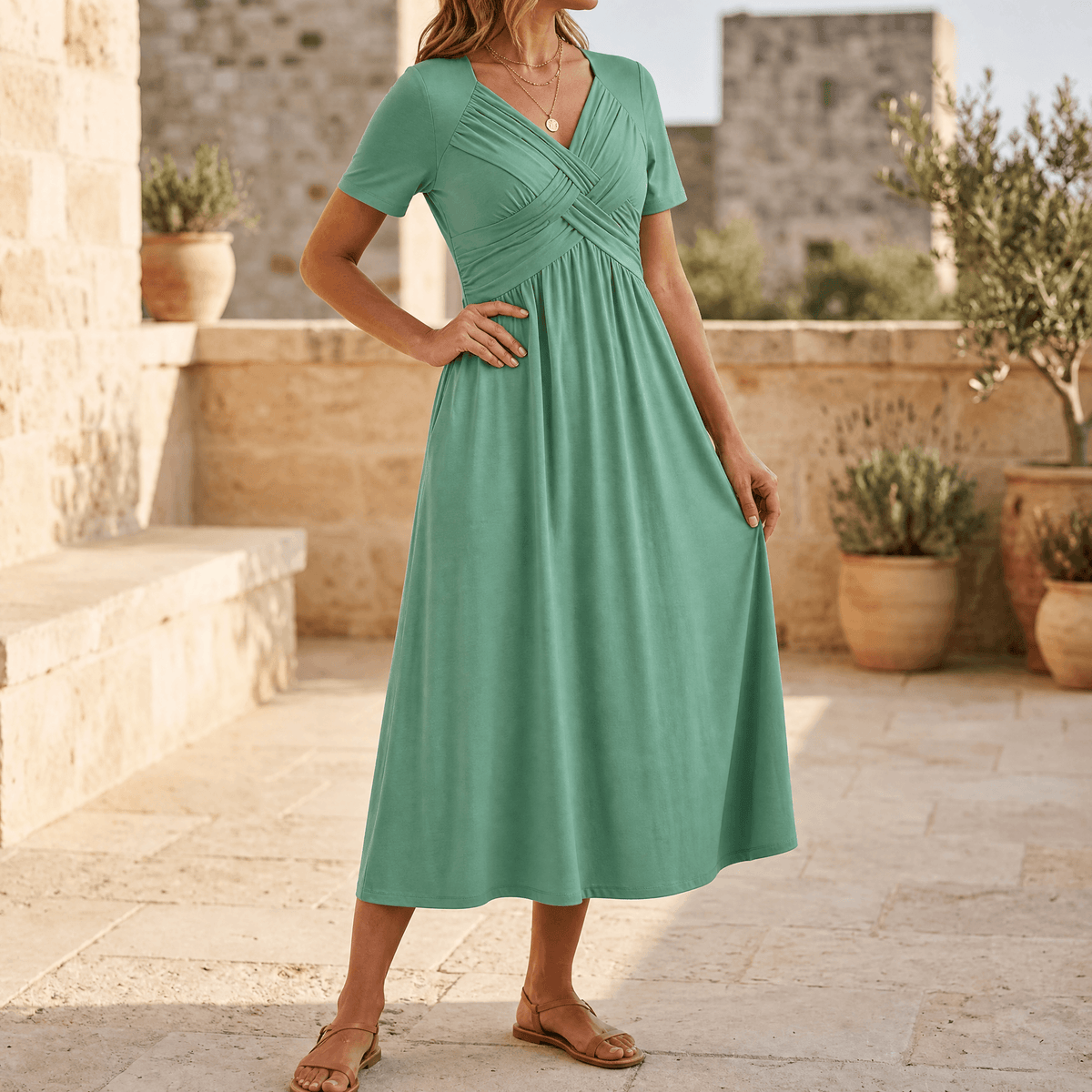 Sage green crossover V-neck midi dress with empire waist and short sleeves, A-line