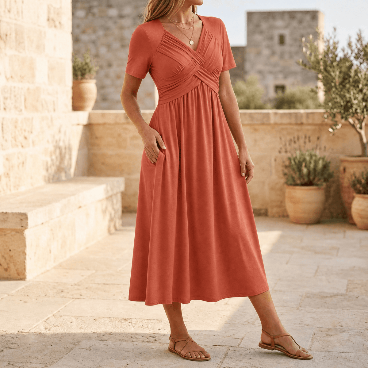 Terracotta crossover V-neck midi dress with empire waist and short sleeves, A-line