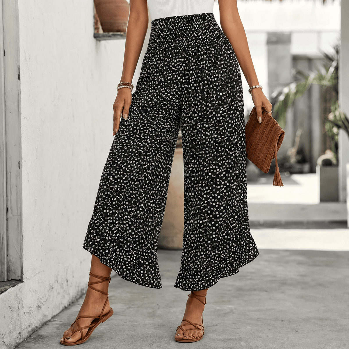 Women's smocked wide-leg ruffle trousers, black with white tiny flower print