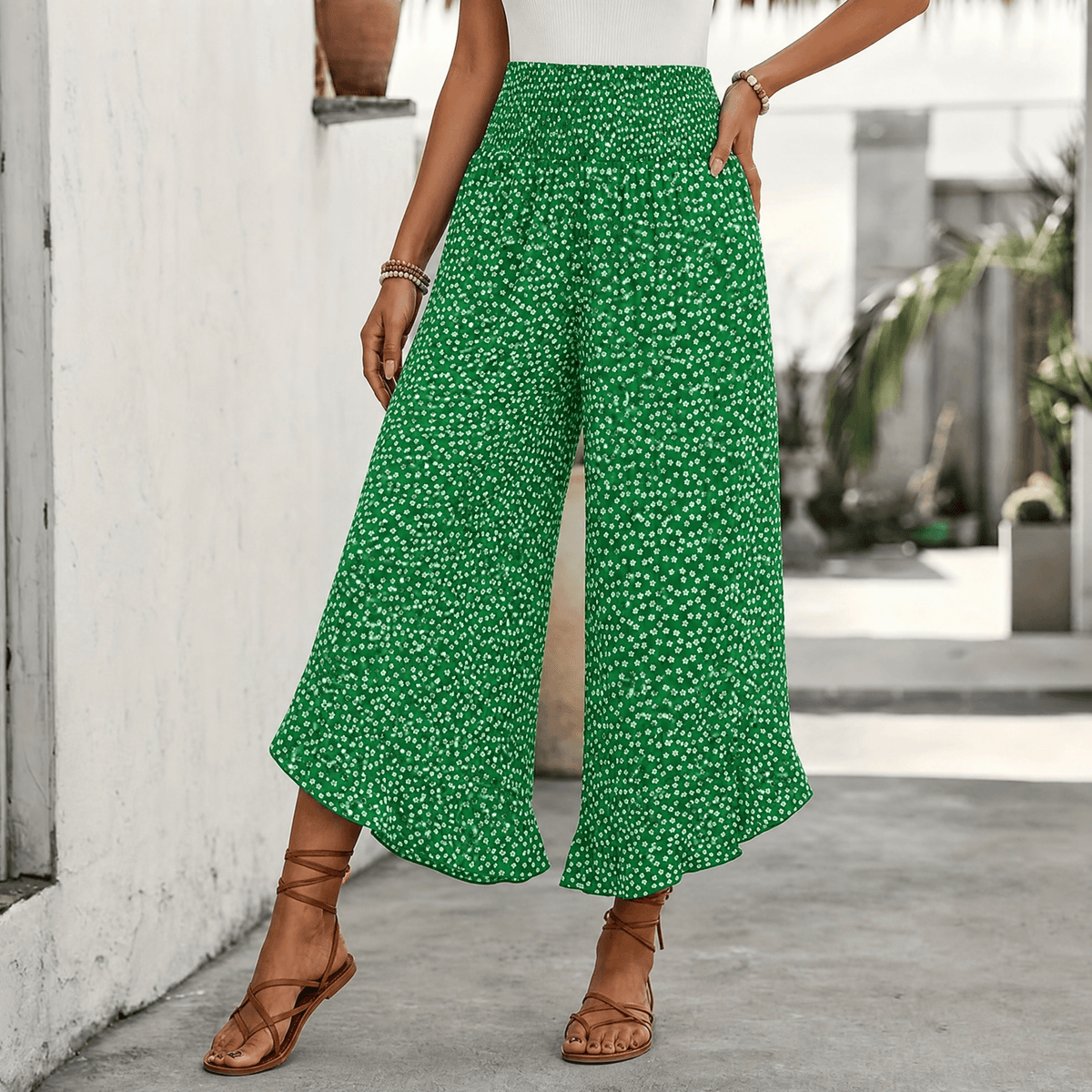 Velura – Smocked Wide-Leg Ruffle Pants Black