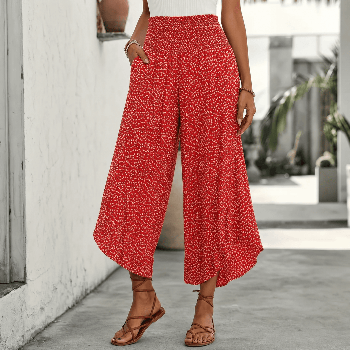 Women's smocked wide-leg ruffle trousers, red with white tiny flower print