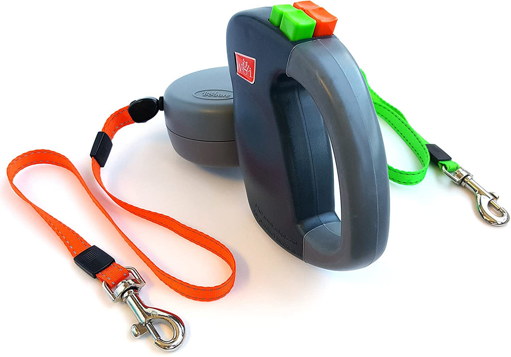 Dual dog leash with black handle, orange and green straps, and metal clip ends