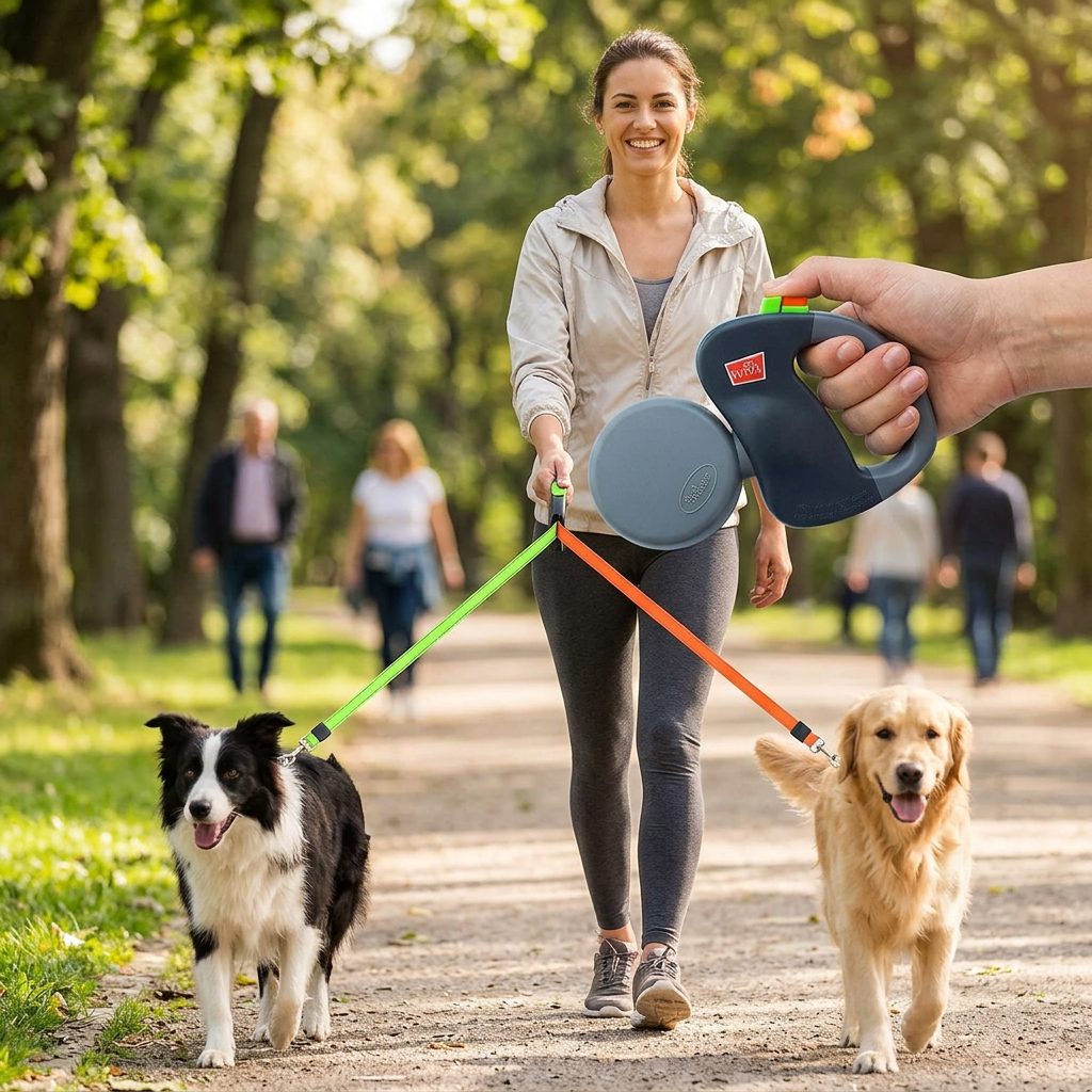 Dual dog leash with green and orange leads, dual hand grip, for two dogs, 360° swivel