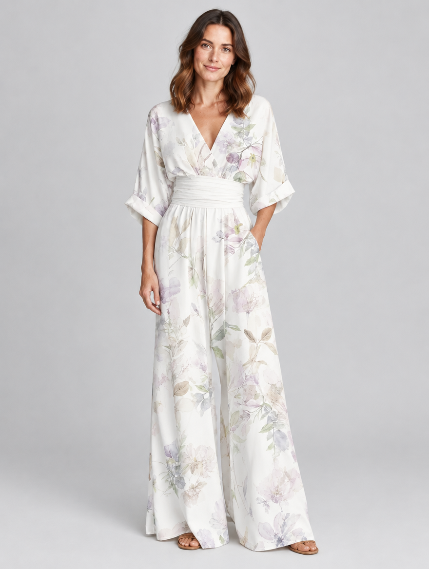 Women's Solene floral V-neck wide-leg jumpsuit – front view