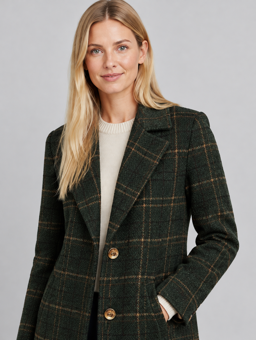 Women's Roque green check coat – close-up