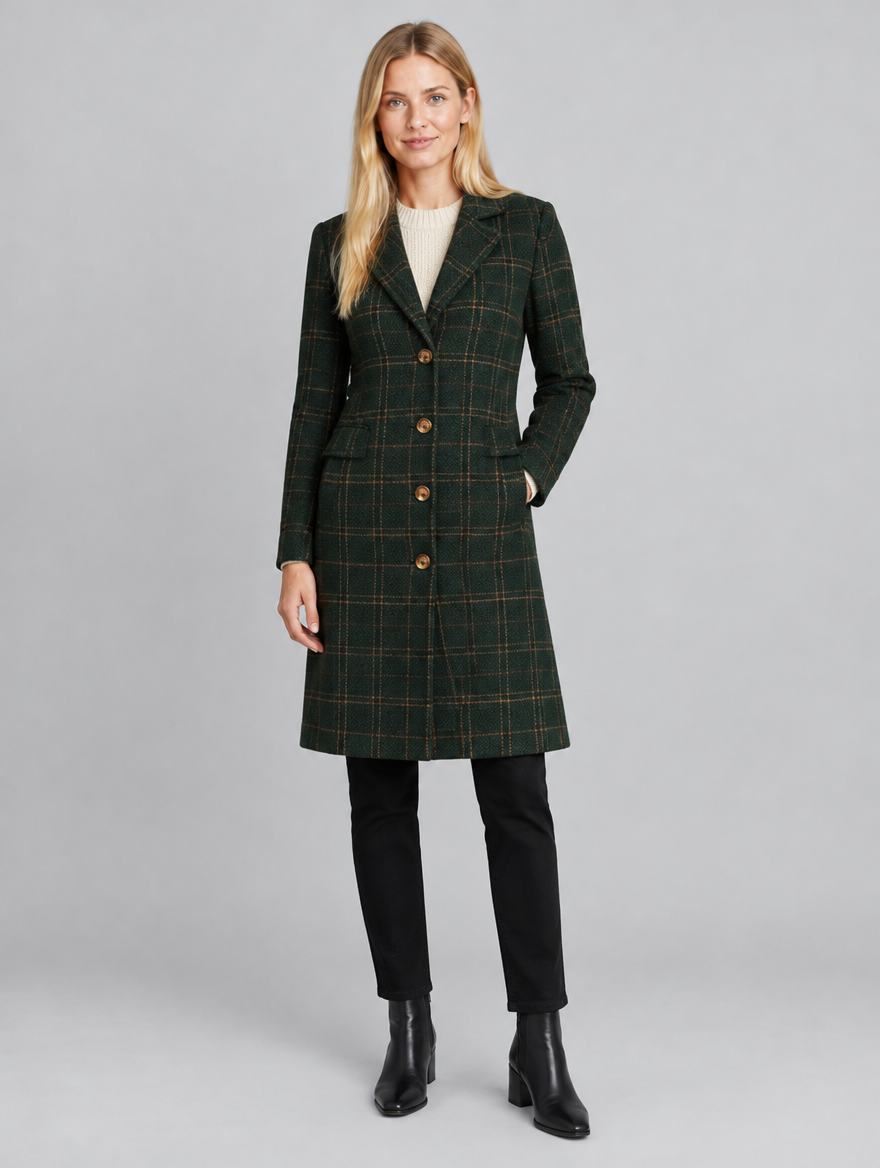 Women's Roque green check coat – front view