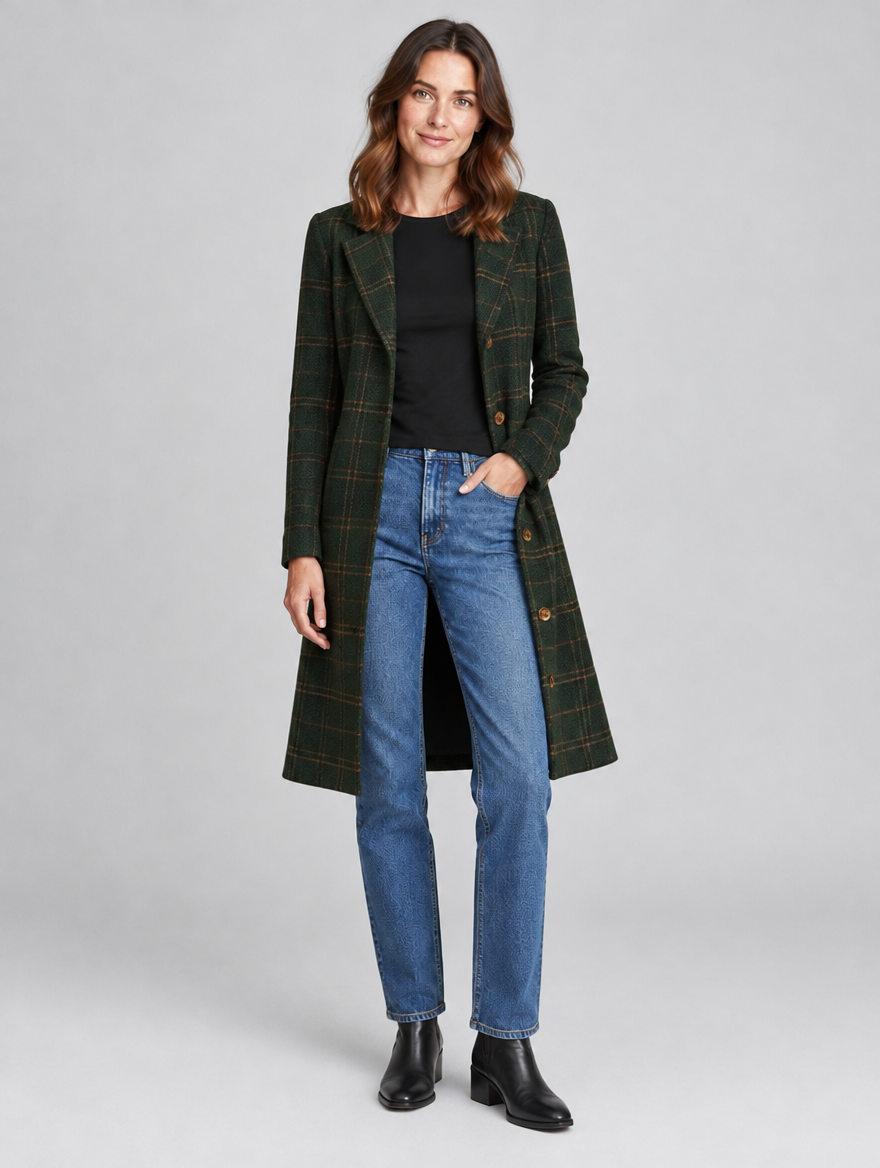Women's Roque green check coat – front view