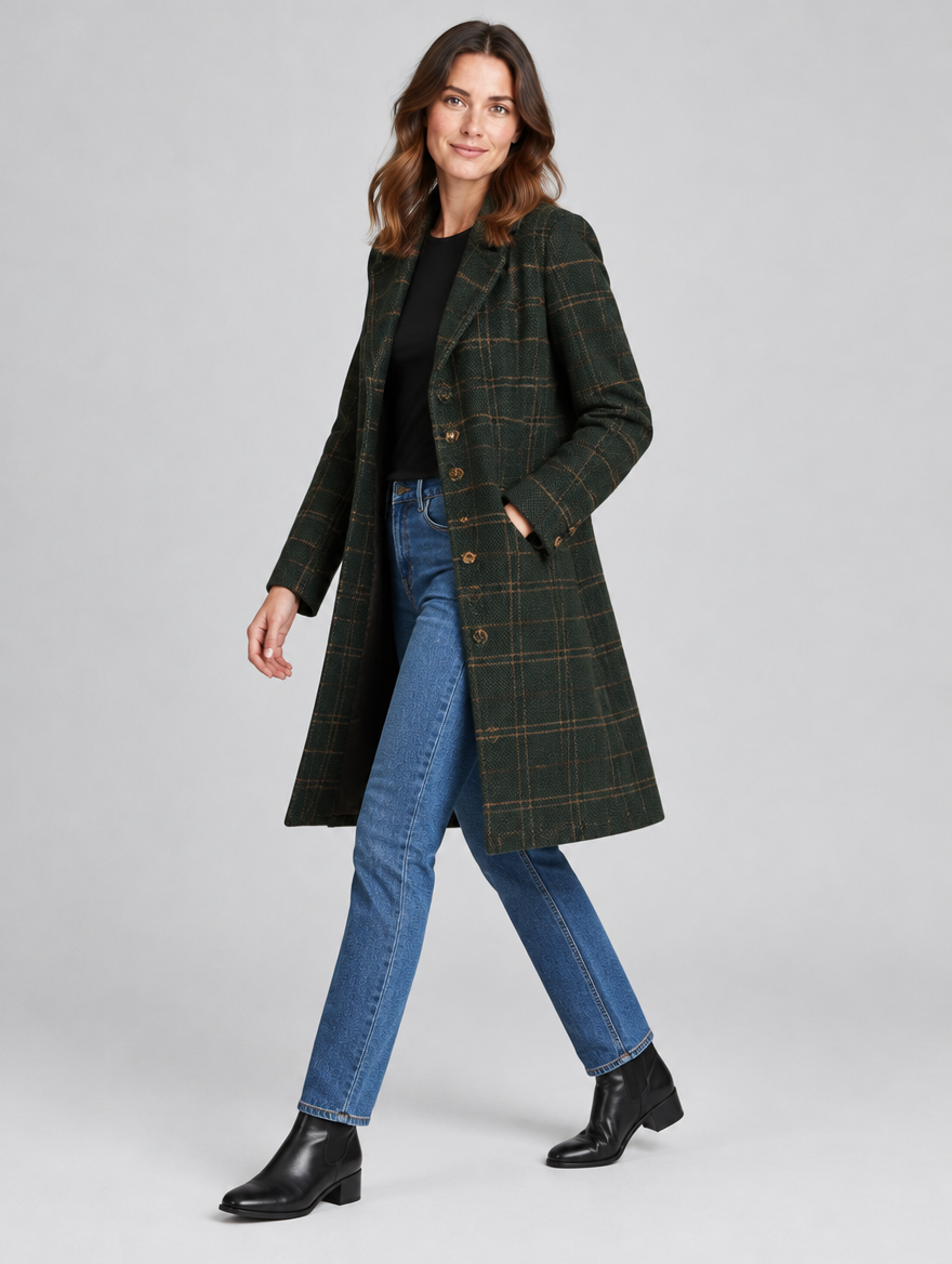 Women's Roque green check coat – side view