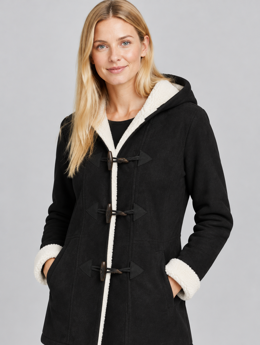 Women's Suedeluxe hooded faux suede duffle coat – close-up