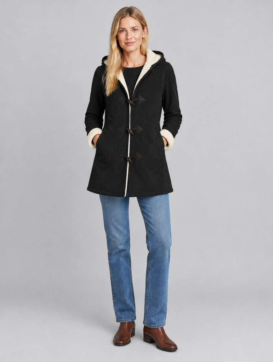 Women's Suedeluxe hooded faux suede duffle coat – front view