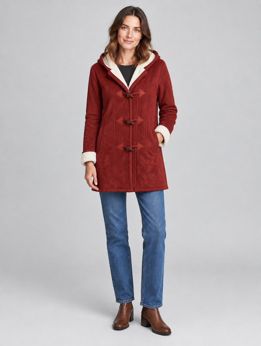 Women's Suedeluxe hooded faux suede duffle coat – front view