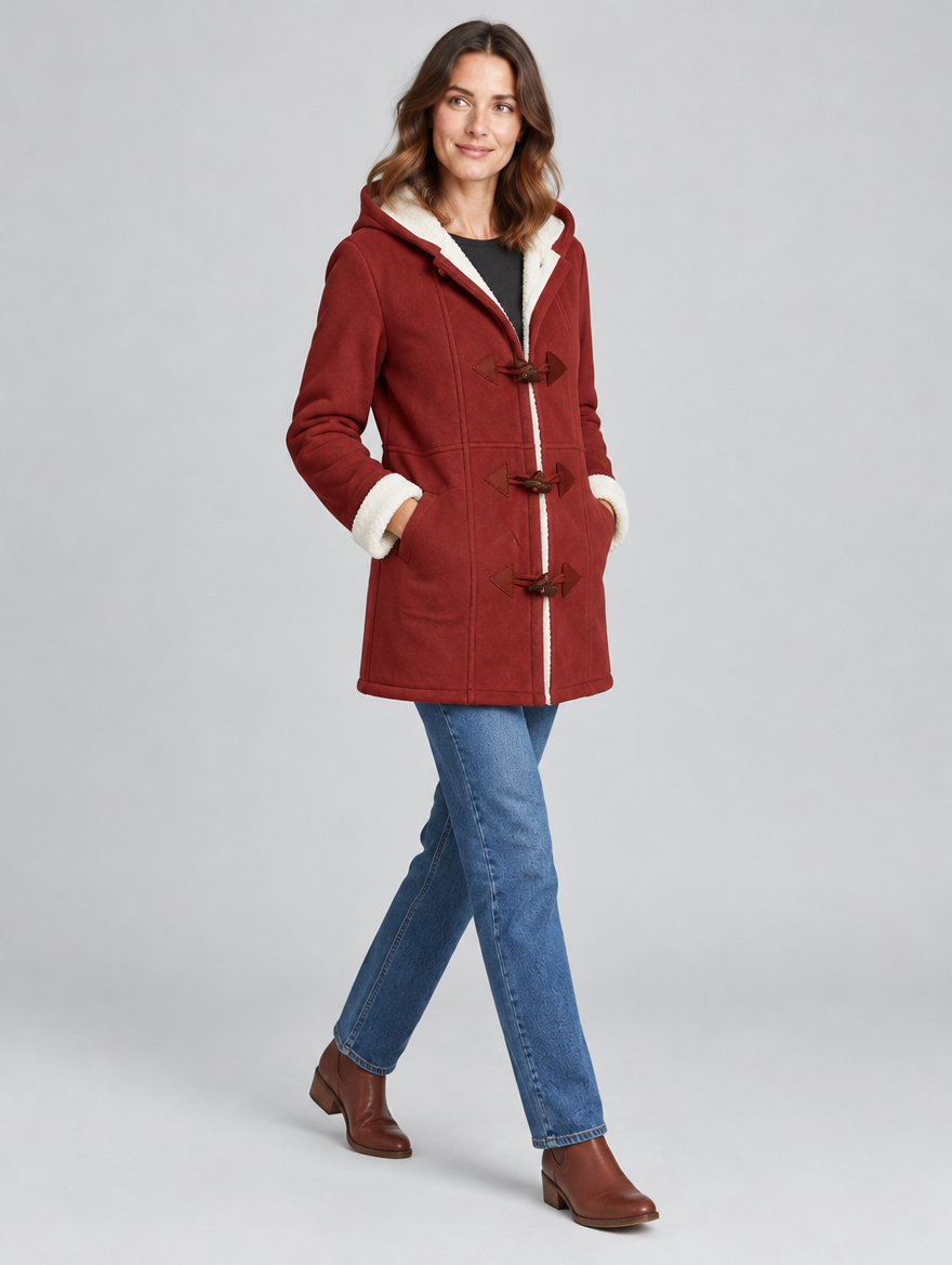 Women's Suedeluxe hooded faux suede duffle coat – side view