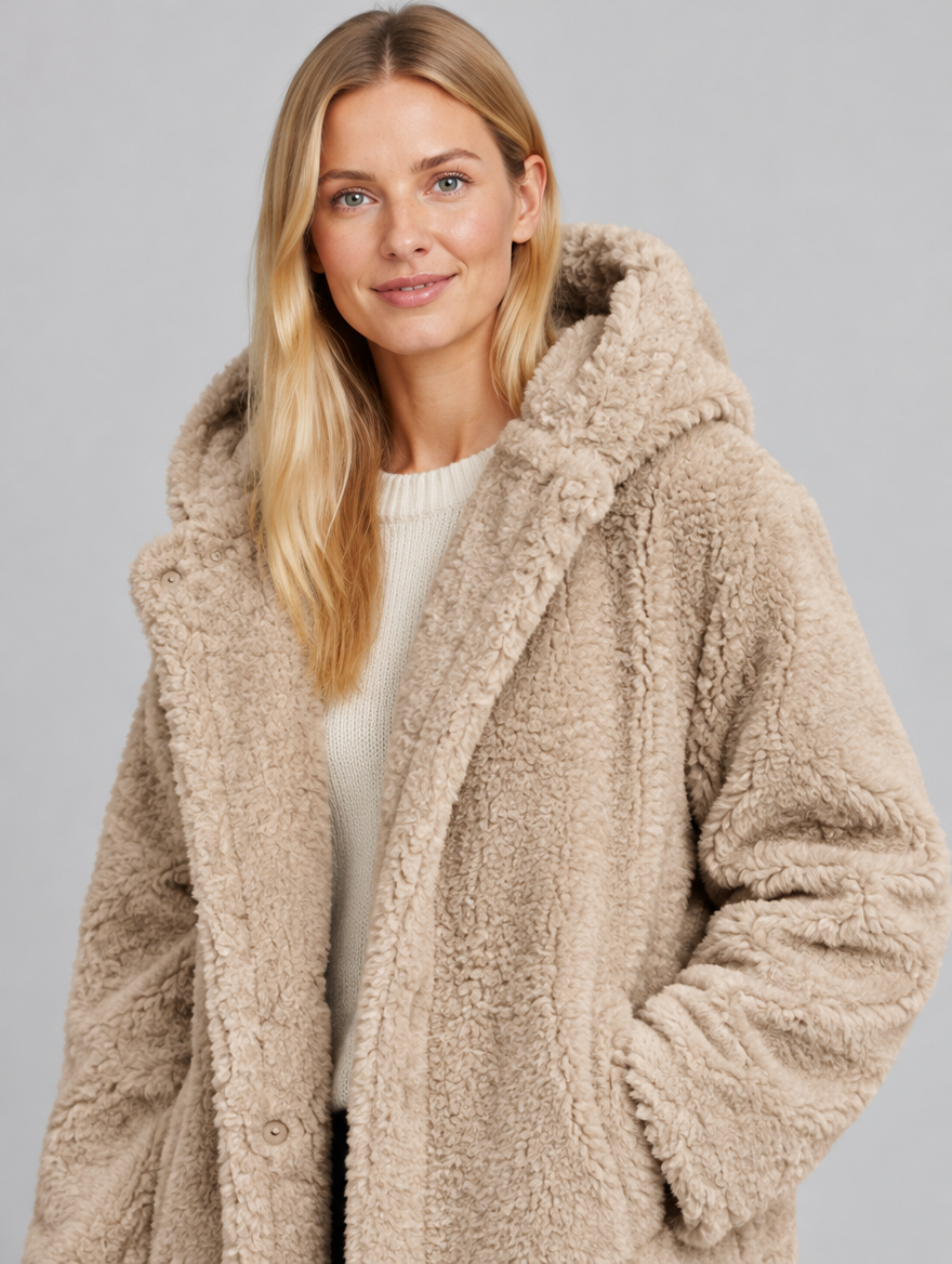 Women's Roque hooded teddy coat – close-up