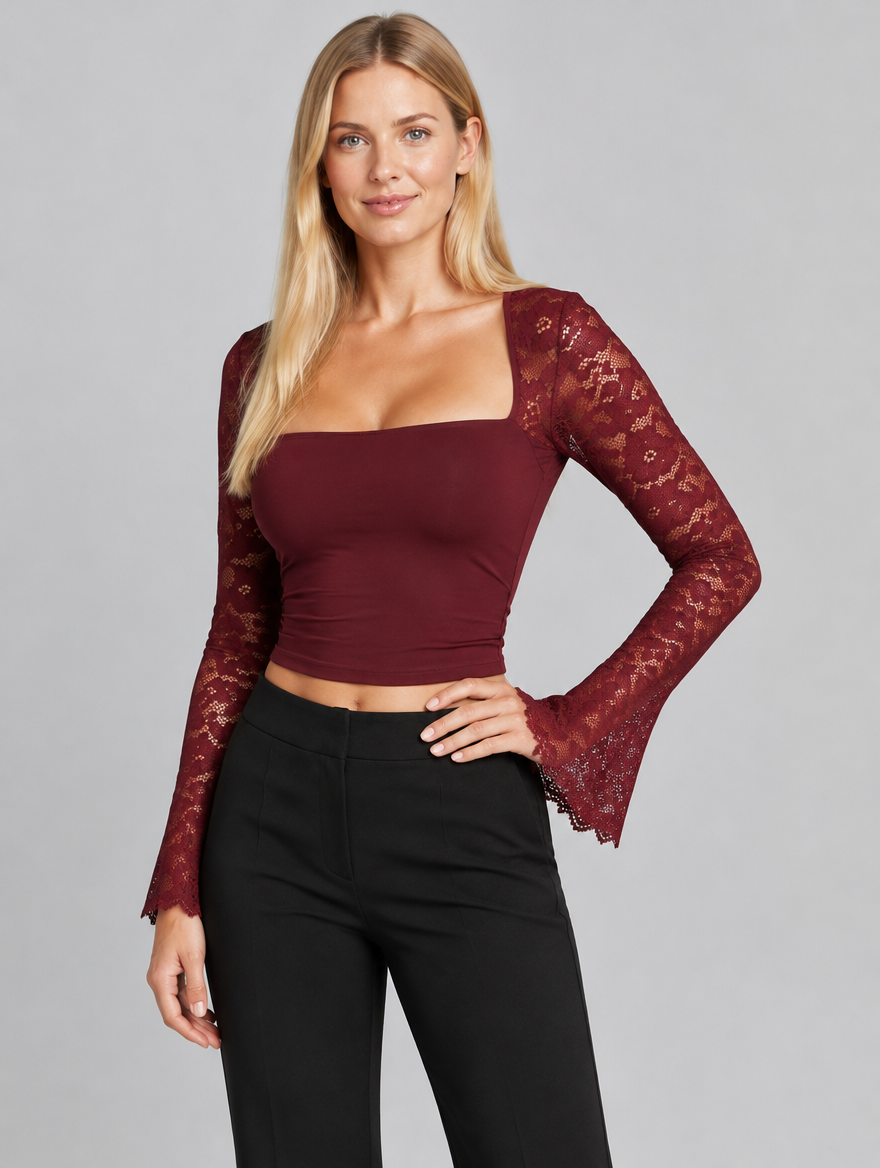 Women's Pippa lace sleeve square neck top – close-up