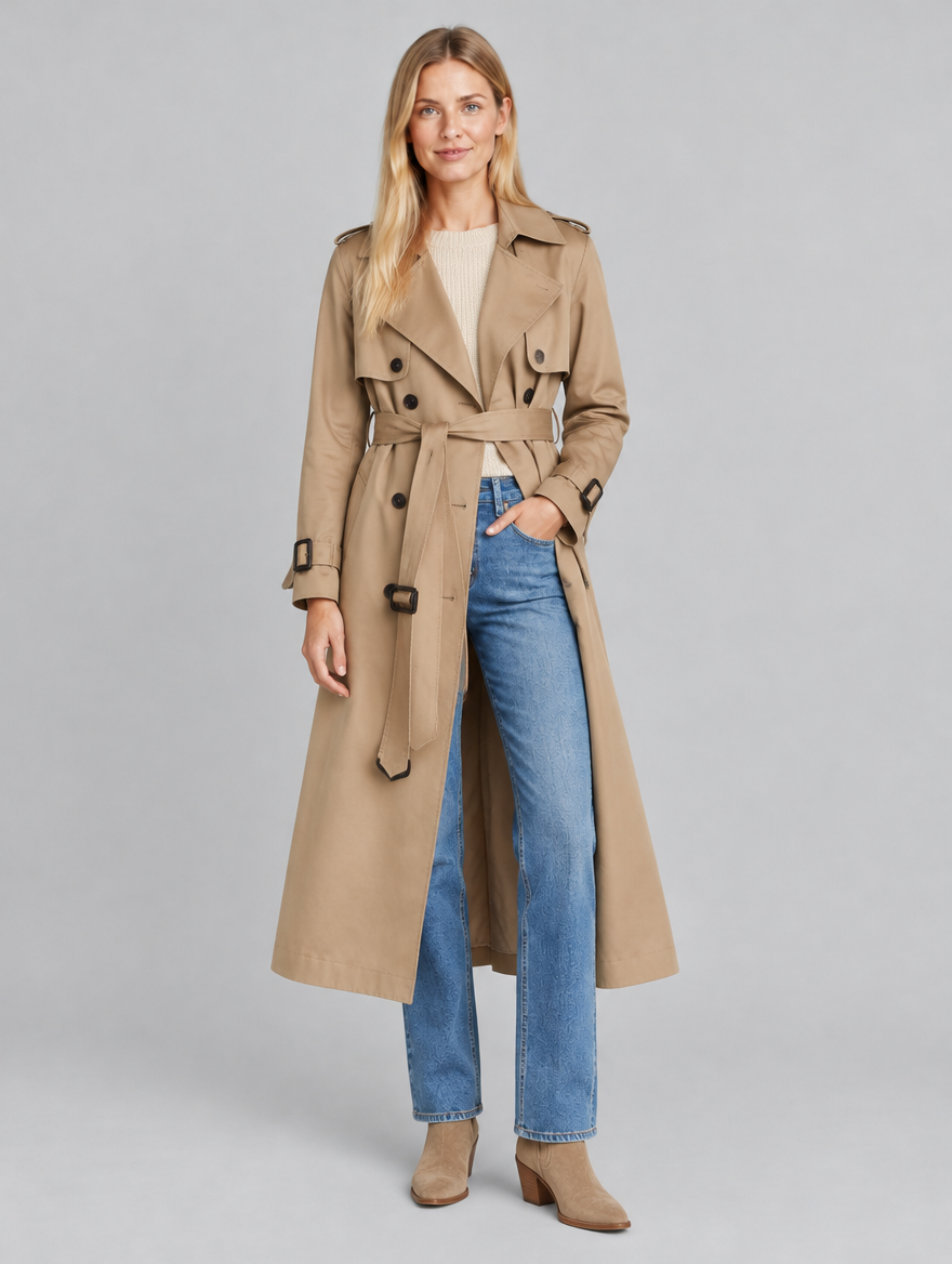 Women's Chame long belted trench coat – front view
