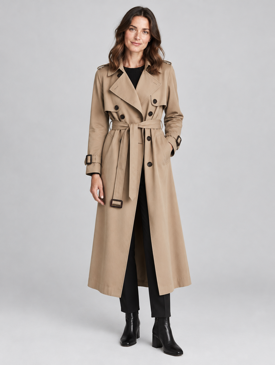 Women's Chame long belted trench coat – front view