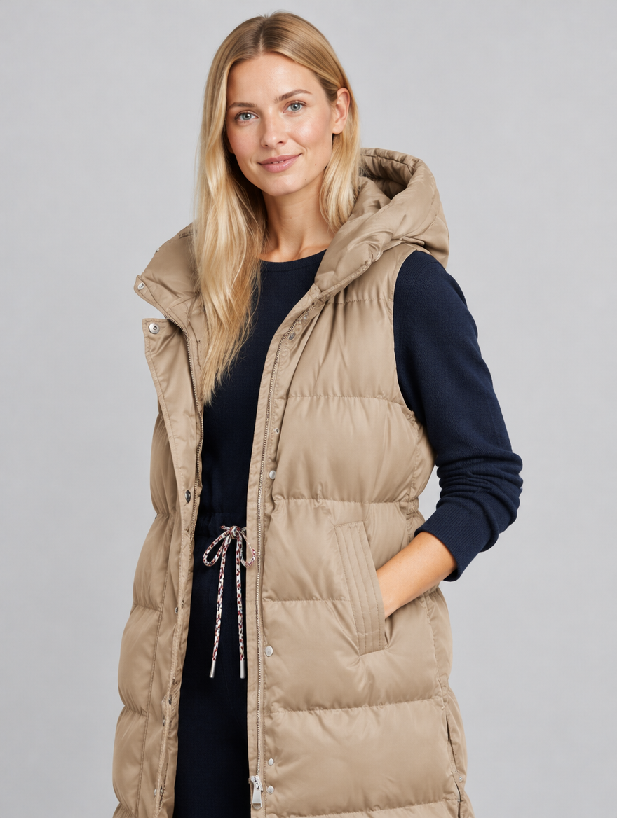 Women's Mechi long hooded gilet – close-up