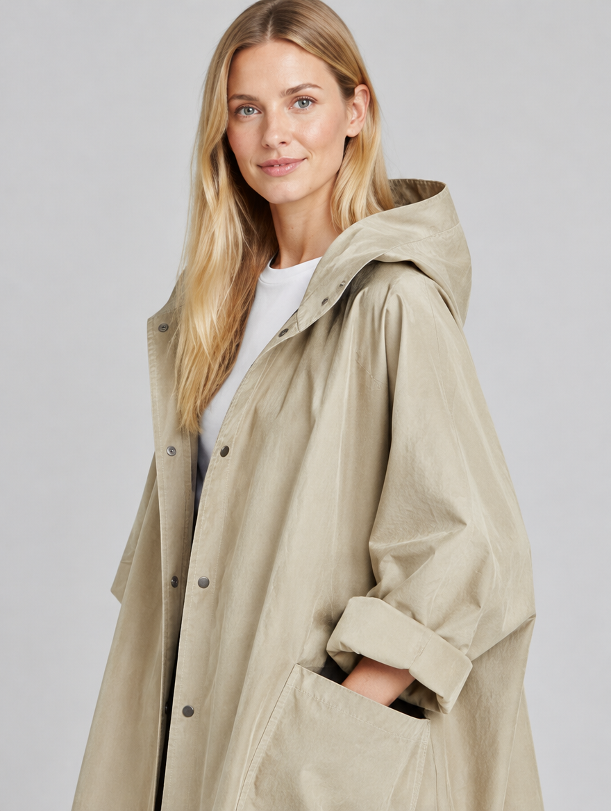 Women's Flore long hooded trench coat – close-up