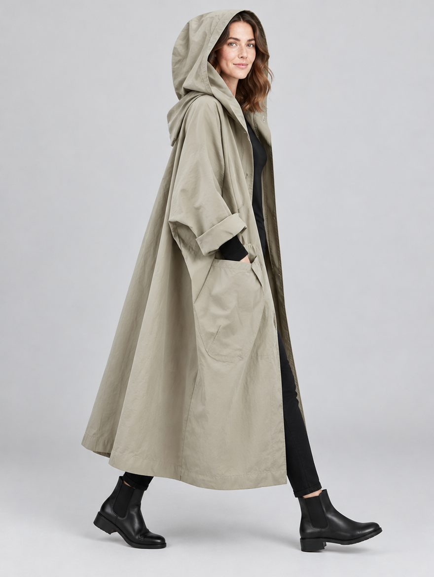 Women's Flore long hooded trench coat – side view