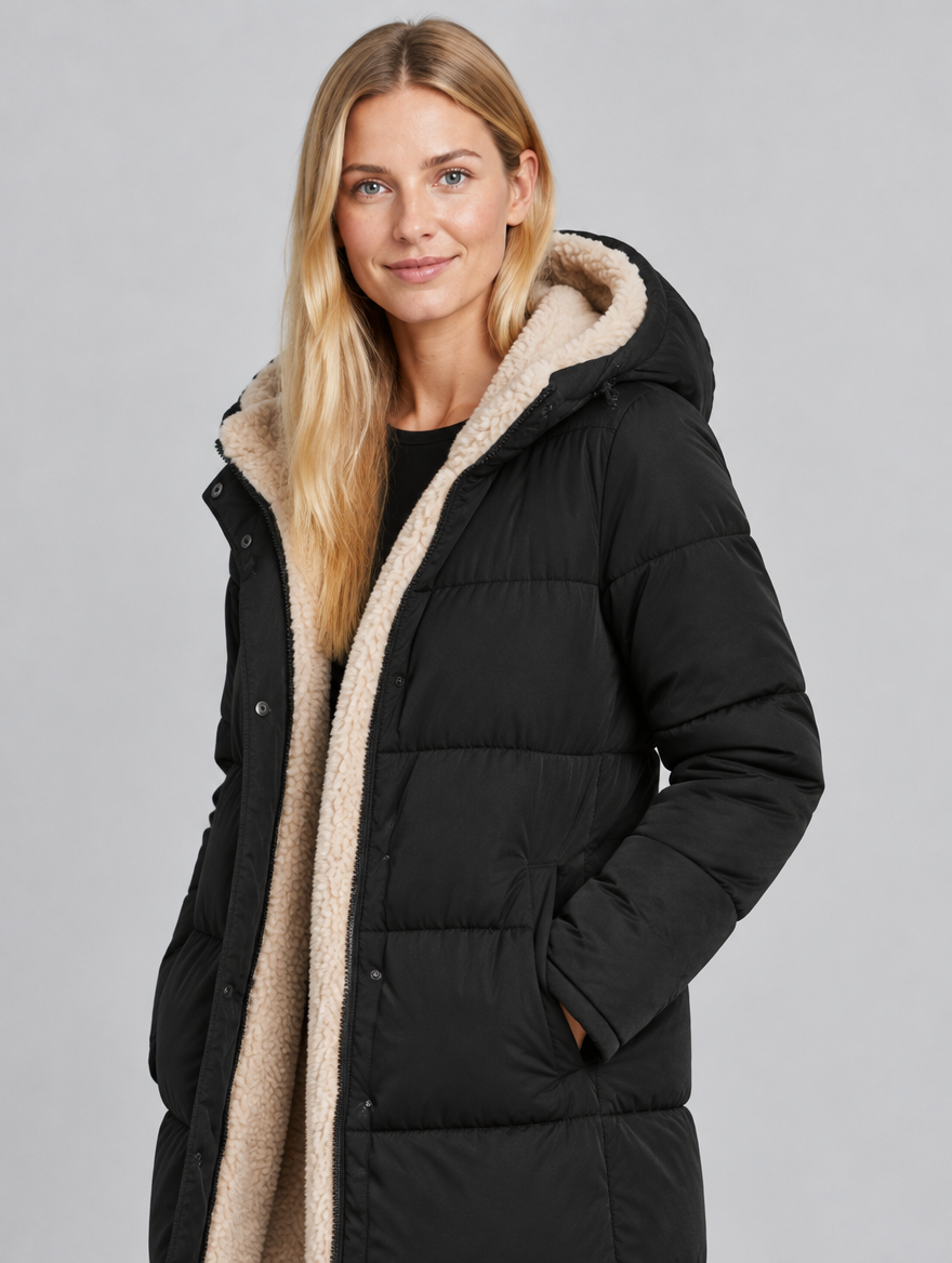 Women's Damaris long hooded puffer coat – close-up