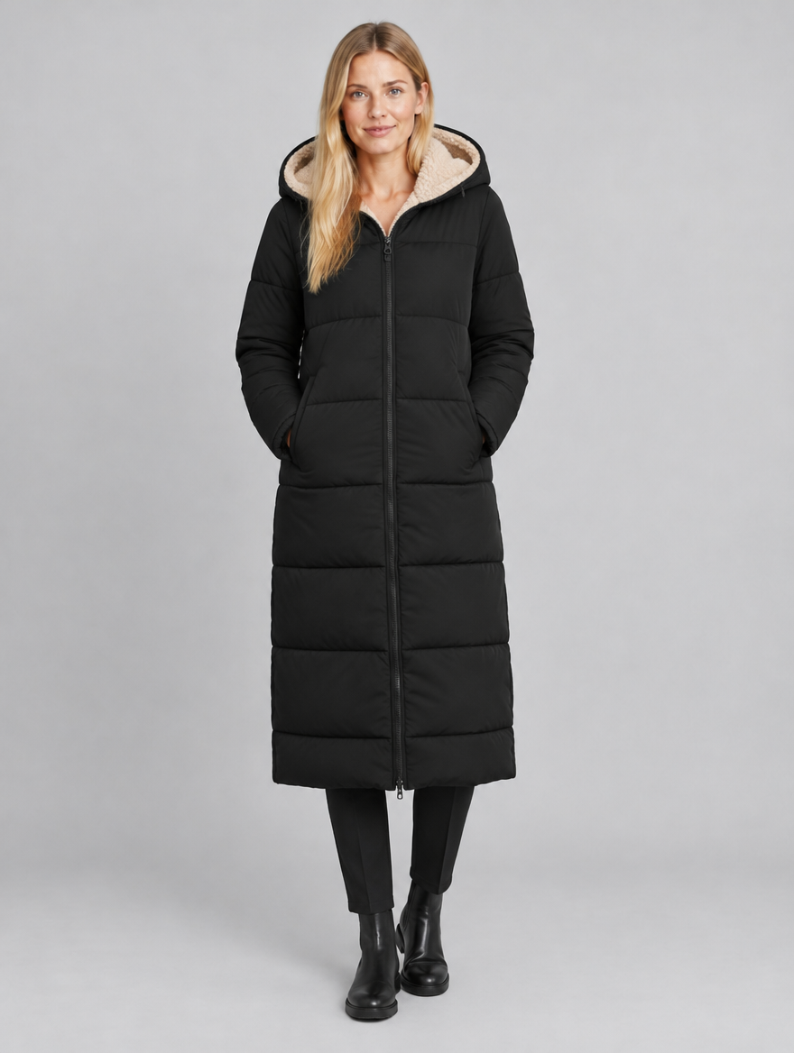 Women's Damaris long hooded puffer coat – front view