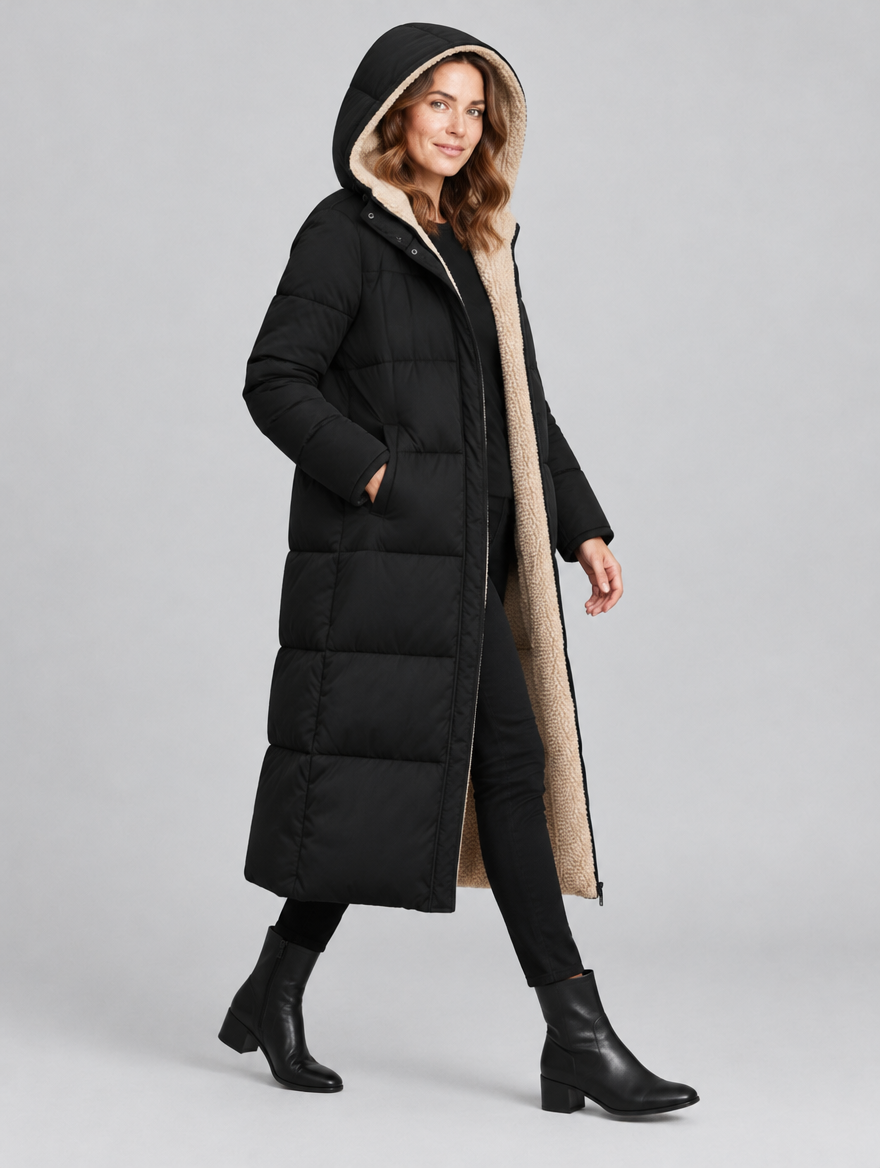 Women's Damaris long hooded puffer coat – side view