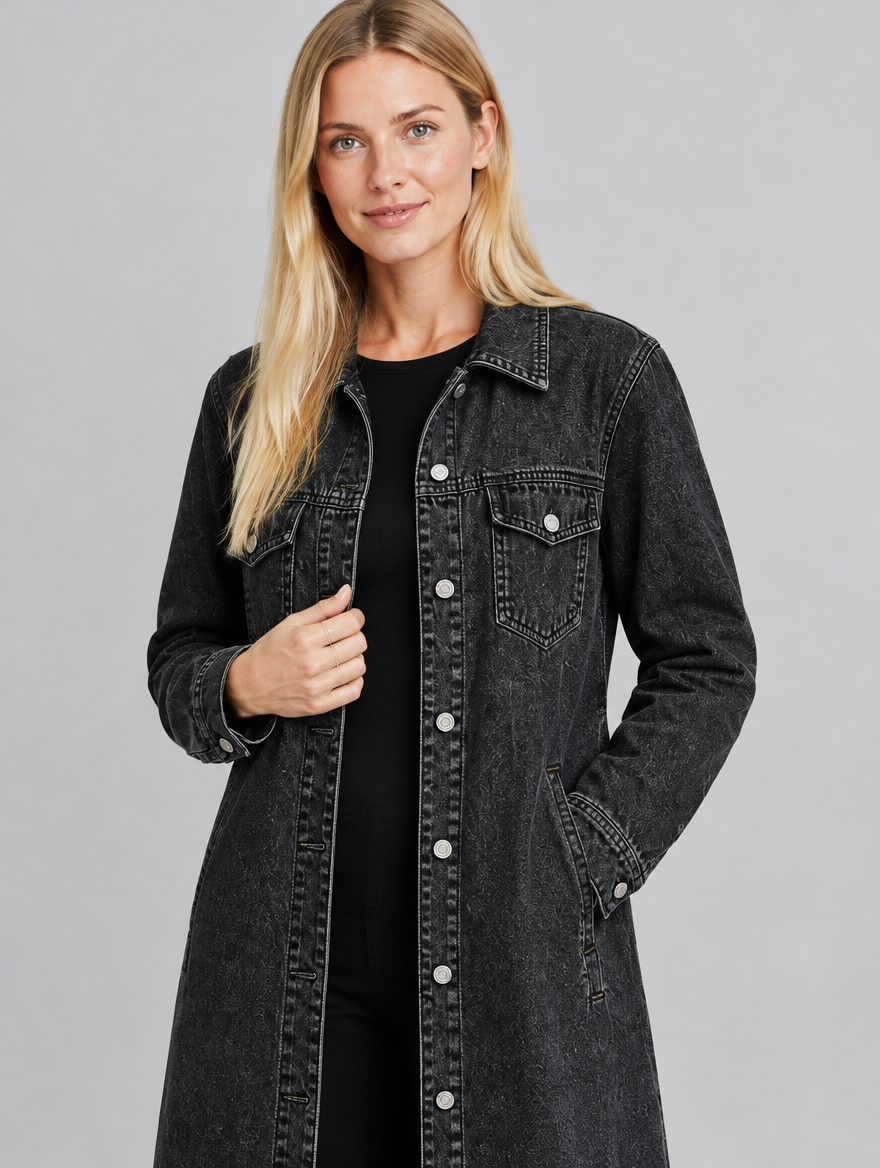 Women's Denara longline oversized denim coat – close-up