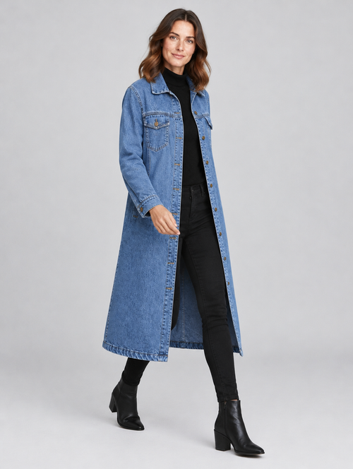 Women's Denara longline oversized denim coat – side view