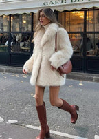Women’s white plush short teddy coat with stand-up collar, hip-length style