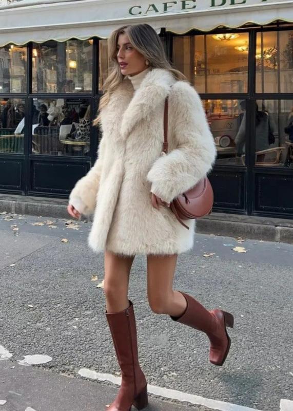 Women’s white plush short teddy coat with stand-up collar, hip-length style
