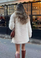 Women’s white plush short coat with stand-up collar, teddy texture, hip length