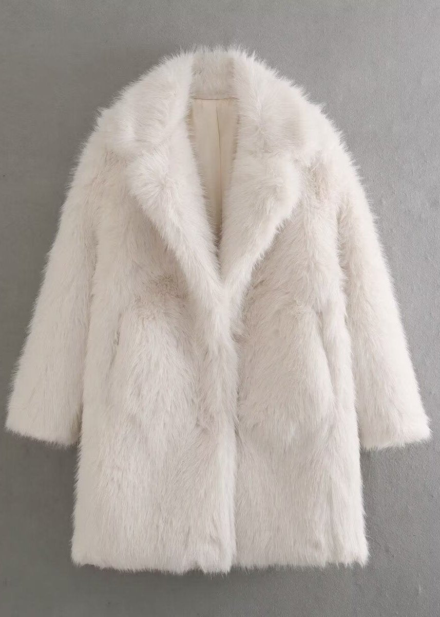 Women’s white plush short coat with stand-up collar, open V neckline, long sleeves
