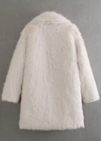 Women’s white plush short coat, back view, long sleeves, teddy textured fabric