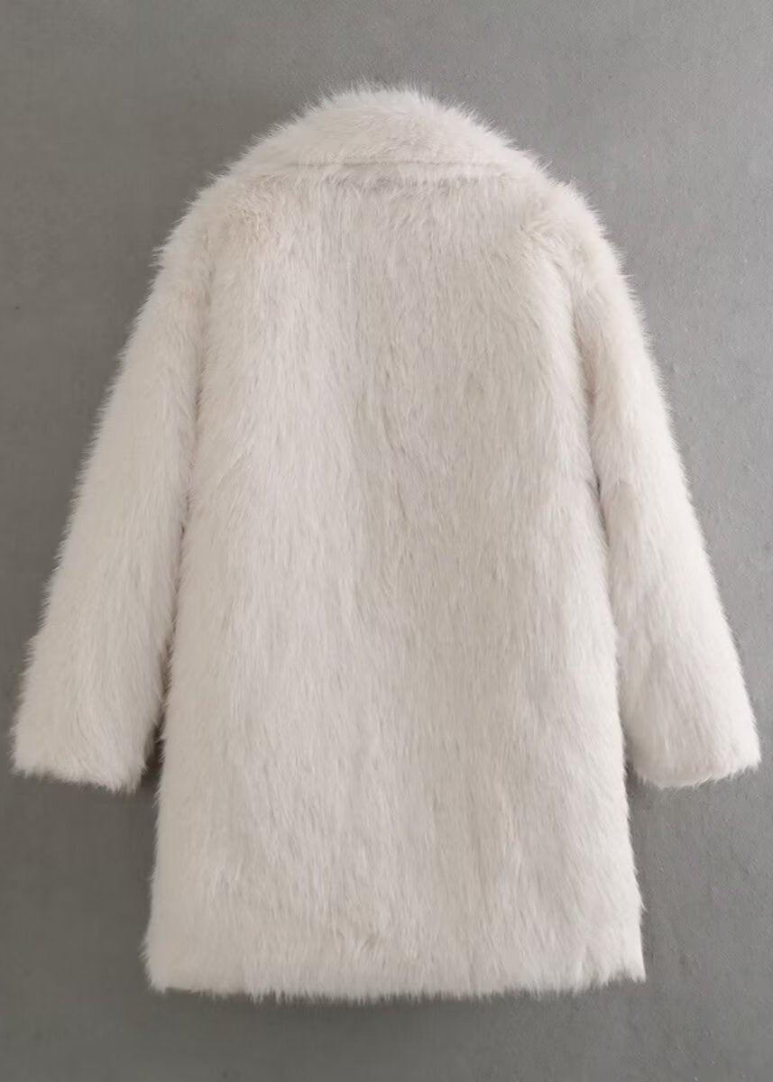Women’s white plush short coat, back view, long sleeves, teddy textured fabric